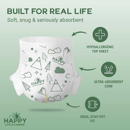 Happy Little Camper Super Saver Nappies, Size 5, 100 Count | Budget-Friendly Disposable Baby Nappies for Sensitive Skin | Hypoallergenic, Fragrance-Free, Ultra Absorbent