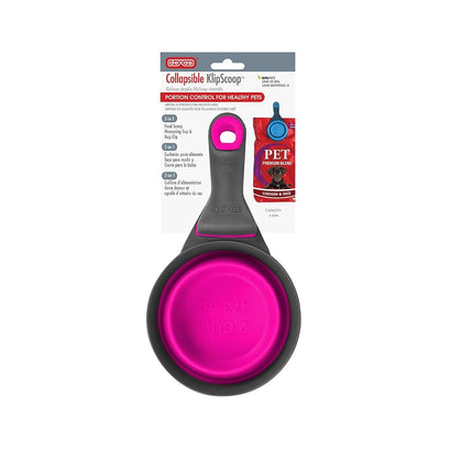Dexas Pets Collapsible KlipScoop Collapsible Dry Dog Food Scoop and Dog Food Bag Clip, 2 Cup Capacity, Fuchsia