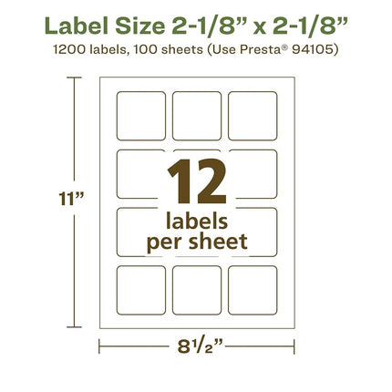 Étiquettes carrées recyclées Avery EcoFriendly blanc mat, 54 x 54 mm, impression bord à bord, étiquettes blanc mat, adhésif permanent, imprimables laser/jet d'encre, 1 200 au total