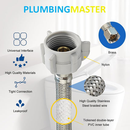 (10pcs 12 inch) PLUMBINGMASTER Toilet Water Supply Line,3/8" Comp x 7/8" BC Braided Stainless Steel Toilet Supply Line,Toilet Connector Hose with Anti-Leaking Brass Nut