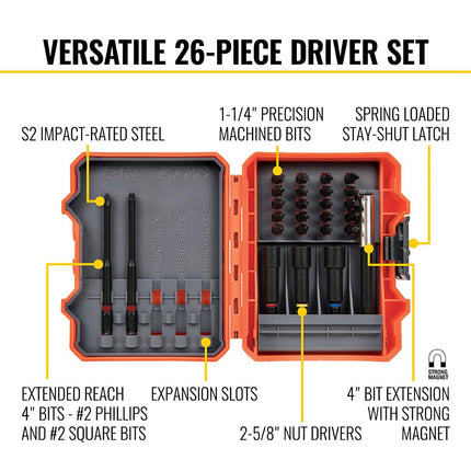 Klein Tools 32799 Impact Driver Bit Set, 26 Piece Nut Driver and Screwdriver Bit Set with Case