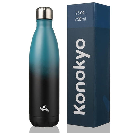Bouteilles d'eau isolées Konokyo, gourde isotherme en acier inoxydable à double paroi de 750 ml pour le sport et les voyages, noir indigo