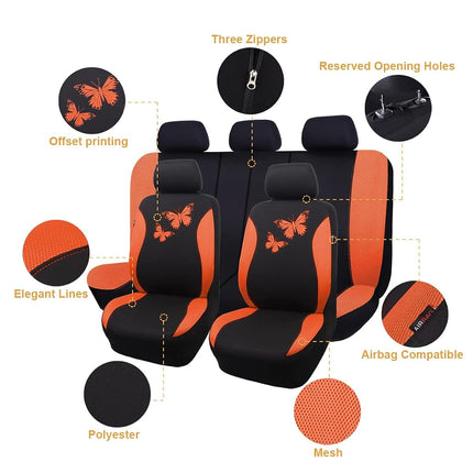 Flying Banner Butterfly car seat Covers ful Set Fashion Universal Lady Woman Female Rear Bench Split Colorized (Full Set, Orange)