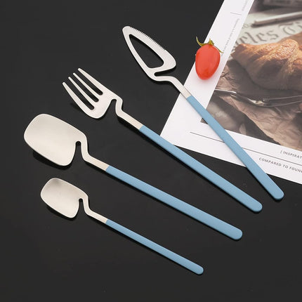 JASHII Silverware Set Satin Finish 24-Piece Stainless Steel Flatware Set Kitchen Utensil Set Service for 6 Tableware Cutlery Set Dishwasher Safe (Matte Blue Silver)