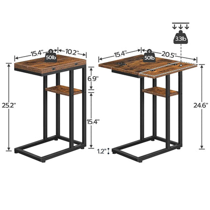 HOOBRO C Shaped Side Table, Foldable Small Table, Snack Table with Storage Shelf, Suitable for Living Room Bedroom Small Spaces, Easy Assembly, Rustic Brown BF29SF01