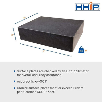 HHIP 4401-1598 12" X 8" X 2" Granite Surface Plate, Grade B, 0 Ledge
