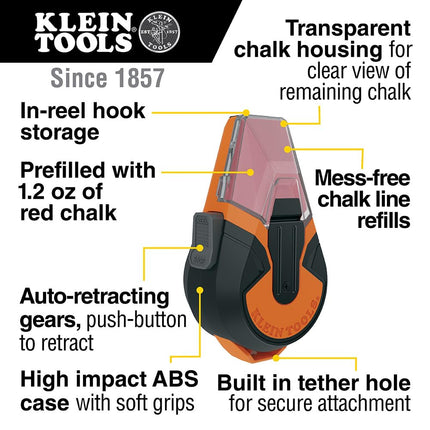 Klein Tools CHLK50R Chalk Line Tool, 50-Foot Auto-Retracting Reel, Mess-Free Refill, Includes 1.2-Oz Red Chalk