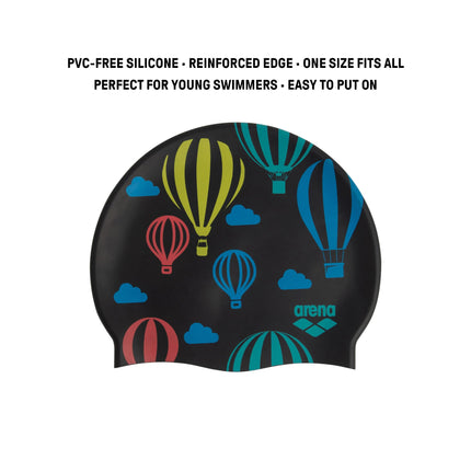 Arena Classic Junior Silicone Unisex Swim Cap for Girls and Boys Comfortable Durable Kids Pool Bathing Cap, One Size, Air Balloons/Blue