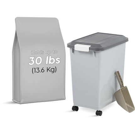 IRIS USA Dog Food Storage Container with Wheels, Airtight Lid, 2-Cup Scoop, Up to 30 Pounds Pet Food Storage, Built in Scoop Storage in Lid, Versatile Pet Food Bin, Portable, BPA Free, Gray/Dark Gray