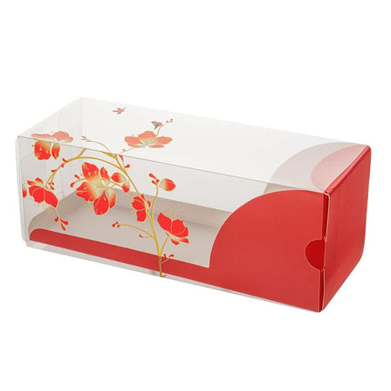 Restaurantware-7 Inch x 2.5 Inch Clear Dessert Boxes, 100 Red Paper Sleeve Transparent Candy Boxes - Bird Accent, No Grease Lining, Clear Plastic Clear Favor Boxes, Crack Resistant, Disposable
