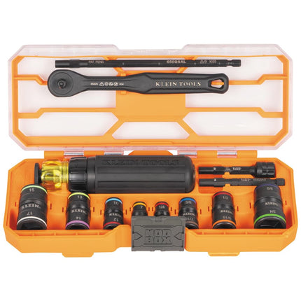 Klein Tools 65242 KNECT Impact Socket Set, Ratcheting Screwdriver Set, 1/4-Inch Drive, SAE and Metric Flip Sockets, 16 Hex Sizes, Adapters, MODbox Case