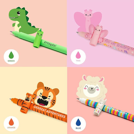 LEGAMI Set of 10 Erasable Gel Pens Farm Set + Hippo, Tiger, Butterfly, Dino, Llama and Penguin - Various Writing Colours