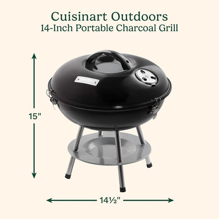 Cuisinart Parrilla de carbón portátil de 14", parrilla pequeña de mesa para exteriores con tapa con cierre y ventilaciones dobles, barbacoa cromada de tamaño de viaje, perfecta para acampar, portones traseros, parrilladas, color negro