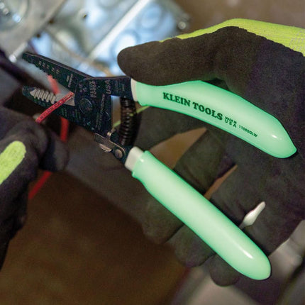 KLEIN TOOLS Wire Stripper/Cutter, Klein-Kurve Stripper/Cutter, 10-18 AWG Solid, 12-20 AWG Stranded Wire, Glow in The Dark Grips 11055GLW, High-Visibility Handle