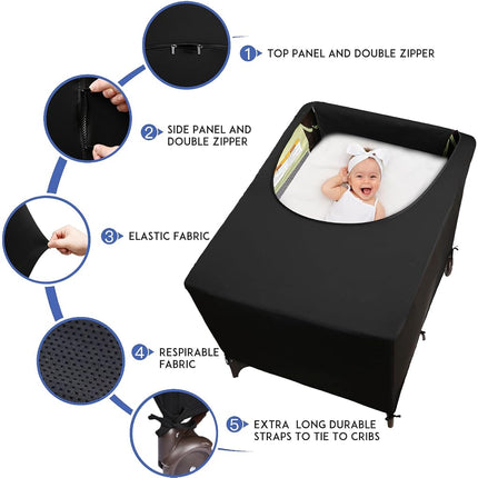 Dofilachy Blackout Cover for Pack N Play - Crib Blackout Cover Tent - Canopy Cover - Breathable Travel Crib Tent - Portable Stretchy Blackout Tent(Pocket), Black with Pocket (DO-CRCO-03)