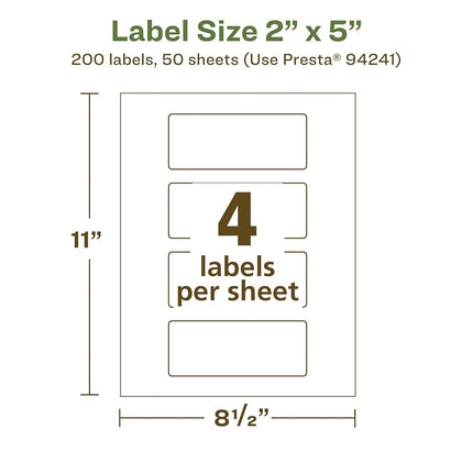 Etiquetas rectangulares recicladas Avery EcoFriendly de color blanco mate, 2" x 5", imprimibles hasta el borde, etiquetas de color blanco mate, adhesivo permanente, imprimibles con láser/inyección de tinta, 200 en total
