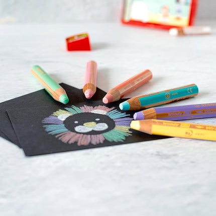 STABILO Multi-Talented Pencil woody 3 in 1 - Pack of 6 - Assorted Pastel Colors with Sharpener