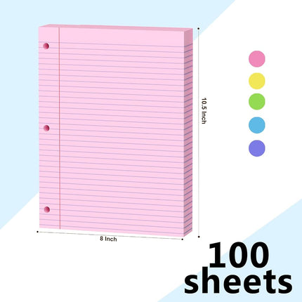 Pink Loose Leaf Paper 200 Sheets Colored Filler Paper 2 Pack 8 * 10.5 College Ruled 3-Hole Punched Paper for 3-Ring Binders Notebook Lined 8" x 10.5"