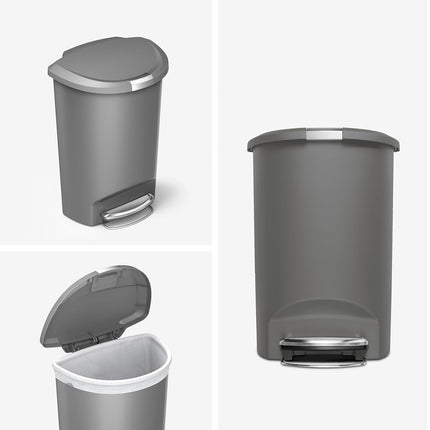 simplehuman CW1357 50L Semi-Round Kitchen Pedal Bin with Lid Lock, Silent Soft Close Lid, Strong Steel Pedal, Stay-Open Lid, Large Capacity, Grey Plastic