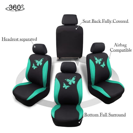 Flying Banner Butterfly car seat Covers ful Set Fashion Universal Lady Woman Female Rear Bench Split Colorized (Full Set, Mint Green)