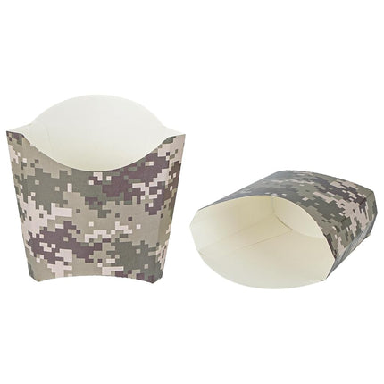 Bio Tek 4.5 x 3.2 x 3.9 Inch French Fry Cup, 100 Disposable Snack Cups - Stackable, Sustainable, Camouflage Paper 3 Ounce Fry Holder, for Fries, Onion Rings, Popcorn, or Cookies - Restaurantware