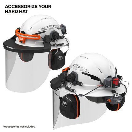 Klein Tools 60407T2RL Type 2 Hard Hat, Vented Full Brim, Class C Hard Hat with Chin Strap, 6-Point Suspension with Accessory Mounts, Washable Padding, and Rechargeable Headlamp