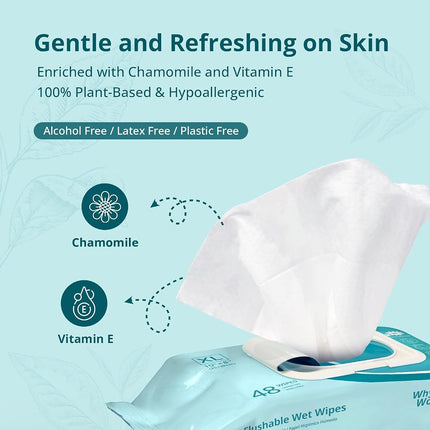 WhyWorry Flushable Wipes for Adults, Extra Large 20x25 cm Flushable Toilet Wipes with Chamomile & Vitamin E, Moist Toilet Tissues, 100% Plant-Based, Biodegradable, Hypoallergenic, Unscented, 384 Count
