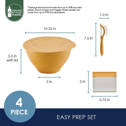 Rachael Ray Tools and Gadgets Kitchen Prep, Garbage Bowl with Lid, Bench Scrape, Veggie Peeler, 4 Piece Food Prep Set - Tumeric Yellow