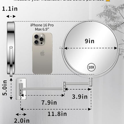 Gospire 9" Large Size Wall Mount Makeup Mirror with 1X/10X Magnification Double-Sided 360° Swivel Vanity Mirror，Chrome Polished Extendable Shaving Bathroom Wall Cosmetic Mirror for Men and Women