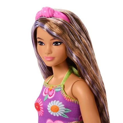 Barbie Fashionistas Doll #244 with Purple-Streaked Brown Hair, Purple Floral Halter Top and Matching Skirt with Accessories like Headband and Sandals, JJN57