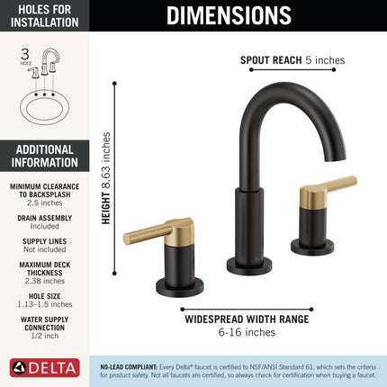 Delta Faucet Nicoli Widespread Bathroom Faucet 3 Hole, Black/Gold Bathroom Faucet, Bathroom Sink Faucet, Drain Assembly, Matte Black/Champagne Bronze 35749LF-GZ