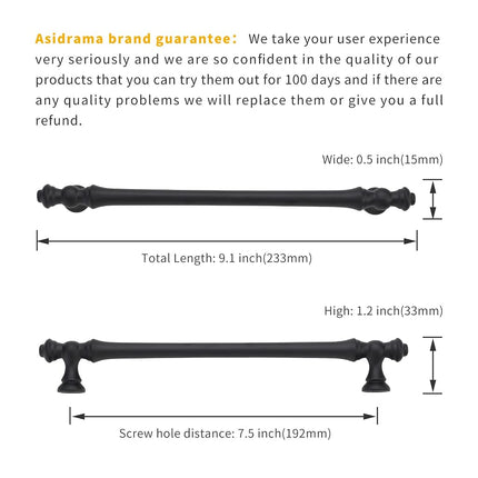 Asidrama 6 Pack 7.5 Inch(192mm) Matte Black Kitchen Cabinet Handles, Cabinet Pulls Kitchen Cabinet Hardware for Cupboard Drawer Pulls