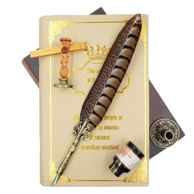 GC QUILL Plume d'oie antique, ensemble unique de stylo à plume à moitié motif avec 6 plumes, 1 flacon d'encre, 1 tampon de sceau, 1 porte-plume, 1 cire à cacheter LL-149