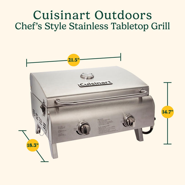 Cuisinart Chef's Style Barbecue portable de table au propane avec deux brûleurs (20 000 BTU au total), petit barbecue en acier inoxydable pour le camping, les hayons et les barbecues (CGG-306C)