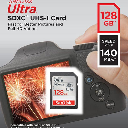 SANDISK Ultra SDXC card, 128GB SD Card (Memory card up to 140 MB/s read speeds, For entry level and mid-range compact camera's, Full HD Video, UHS-I, Class 10, U1)