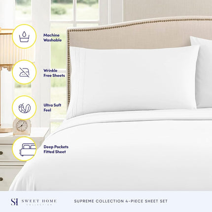 Sweet Home Collection Luxury Bedding Set with Flat, Fitted Sheet, 2 Pillow Cases, Microfiber, White, California King