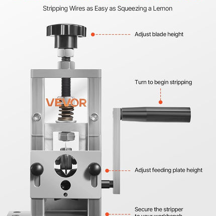 VEVOR Manual Wire Stripping Machine, 1.5-25 mm, Copper Stripper with Hand Crank or Drill Powered, 64Mn Quenched Blades, 45# Steel Rollers, Aluminum Alloy Frame Wire Peeler, for Scrap Copper Recycling
