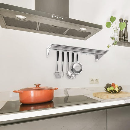 KYBOLT Stainless Steel Hanging Rack for Kitchen Storage and Organization, [NSF Certified] 12" W*48" L Shelf with 10 S Hooks for Hanging Pots, Pans for Home Kitchen, Restaurant & Hotel
