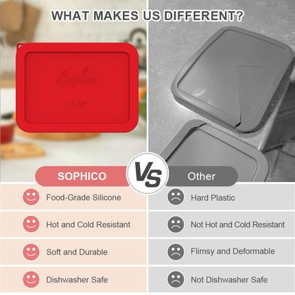 Sophico 3 Cup Rectangle Silicone Storage Cover Lids Replacement for Pyrex 7210-PC Glass Bowls, Container not Included (RED, 2 Pack)