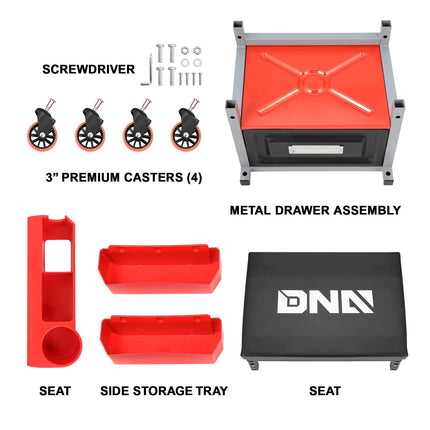 DNA Motoring TOOLS-00198 Taburete rodante para mecánicos de altura ajustable con cojín acolchado, cajón y bandeja para herramientas, capacidad de peso máximo de 350 libras