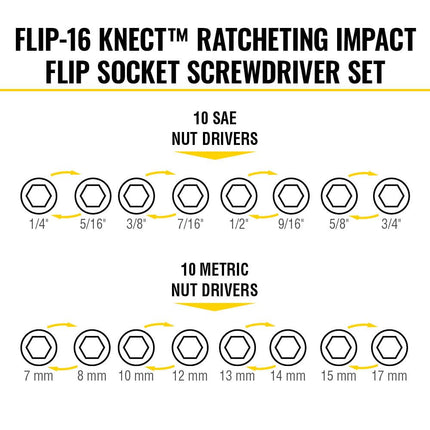 Klein Tools 65242 KNECT Impact Socket Set, Ratcheting Screwdriver Set, 1/4-Inch Drive, SAE and Metric Flip Sockets, 16 Hex Sizes, Adapters, MODbox Case