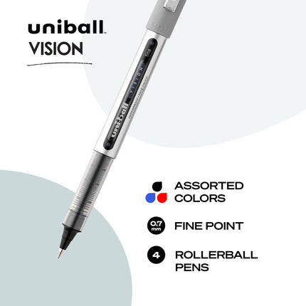 Lot de 4 stylos roller Uniball Vision – Pointe fine, encre moyenne de 0,7 mm, noire