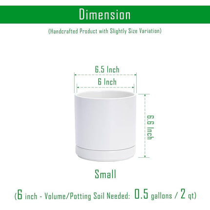 Ceramic Planter Pot with Drainage Hole and Saucer, Indoor Cylinder Round Planter Pot, 6 Inch, White