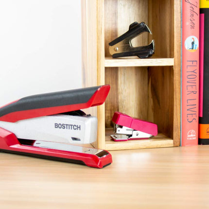 PaperPro inPOWER+28 Executive Stapler - 3 in 1 Stapler - One Finger, No Effort, Spring Powered Stapler, Red/Silver (1117)