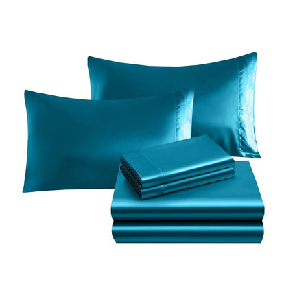 Parure de draps luxueuse en satin soyeux 4 pièces Elegant Comfort, douce pour la peau et les cheveux, infroissable, résistante à la décoloration et aux taches, avec drap-housse à poches profondes, fraîcheur et douceur, lit simple, turquoise
