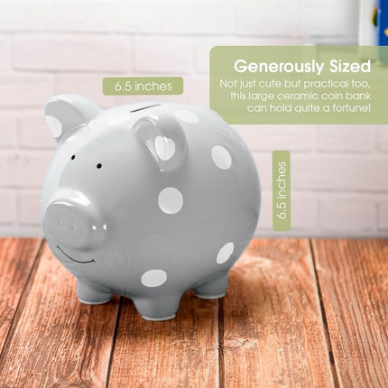 Pearhead Large Piggy Bank, Ceramic Money Bank For Kids, Baby Keepsake Gift, Gender Neutral Nursery Décor, Grey Polka Dot
