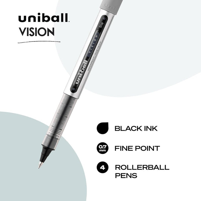 Uniball Vision Rollerball Pens - Black, Pack of 4 - Fine Point, 0.7mm Medium Ink - Smooth Writing Japanese Pens for School Supplies