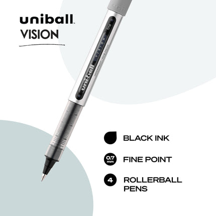 Stylos Roller Uniball Vision - Noir, Lot de 4 - Pointe Fine, Encre Moyenne 0,7 mm - Stylos Japonais à Écriture Fluide pour Fournitures Scolaires