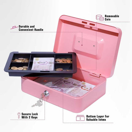 Cash Box with Combination Lock, Money Tin Box with Coin Tray, Lockable Cash Tin for Money Saving Medium 20 * 16 * 9cm Black (Large-Pink1)