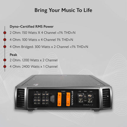 Amplificador estéreo de coche Rockville RXA-F2 de 2400 vatios de pico / 1200w RMS y 4 canales